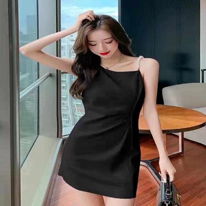 

Summer New Pearl Suspender Dress Female Slim Black Skinny Temperament French Retro Small Black Dress 2XL чорний