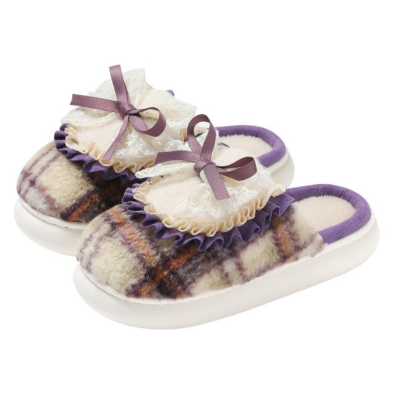 Bow Cotton Slippers Winter Indoor Home Household Plush Warm Cute Thick-bottomed Fluffy Slippers Winter