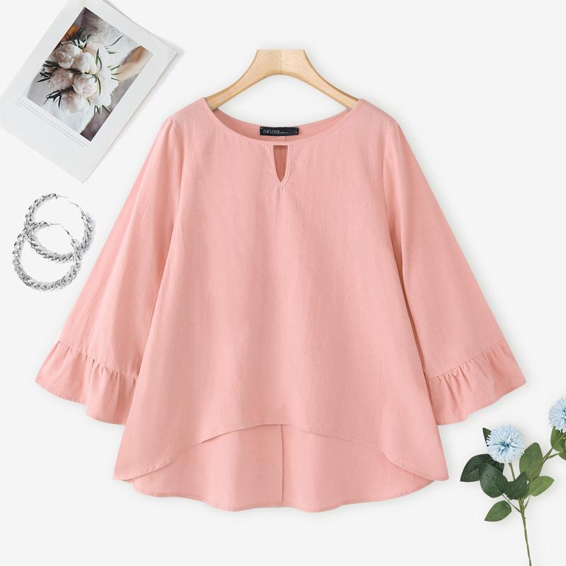ZANZEA Women Casual Round Neck Loose 3/4 Sleeve Cotton Blouse