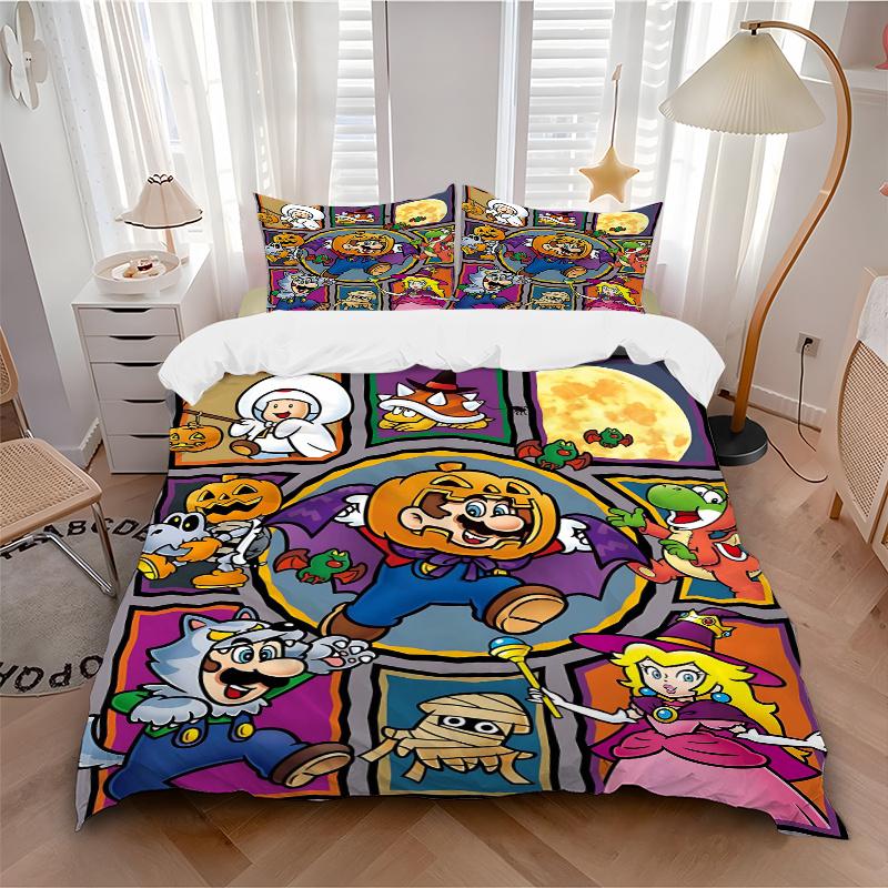 3pcs Halloween Costume Fun Mario & Friends Bedding Set - Includes Quilt Cover and Pillowcases, Suitable for All Seasons, Machine Washable -