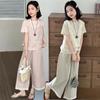 Girls Summer Clothes Set Fashion Lace Splicing Children's Cardigan+Short Sleeved+Long Pants Three Piece Set