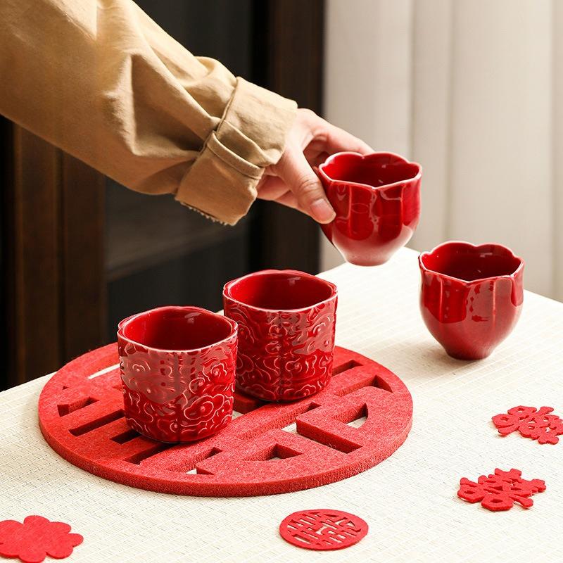 Chinese ceramic single cup tea set, tea cup, teacup master cup, wedding red newcomer tea cup, engagement cup