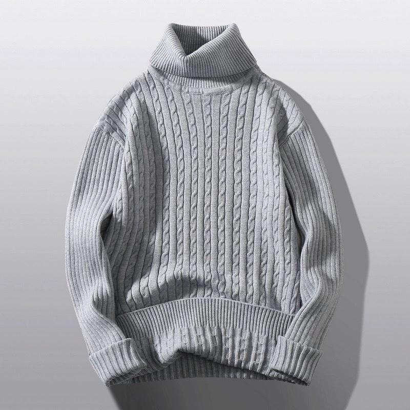 New Men's Turtleneck Sweaters Autumn Knitted Striped Streetwear Warm Long Sleeved Pullover Solid Color Basic Style Casual Tops
