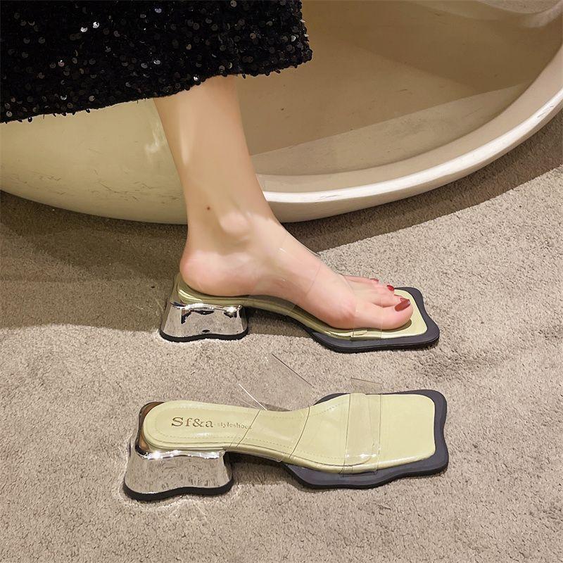 

Босоножки на толстом каблуке женские лето 2024 новые модные прозрачные с надписью, с нишевым дизайном, универсальные уличные шлепанцы 39 зелёный