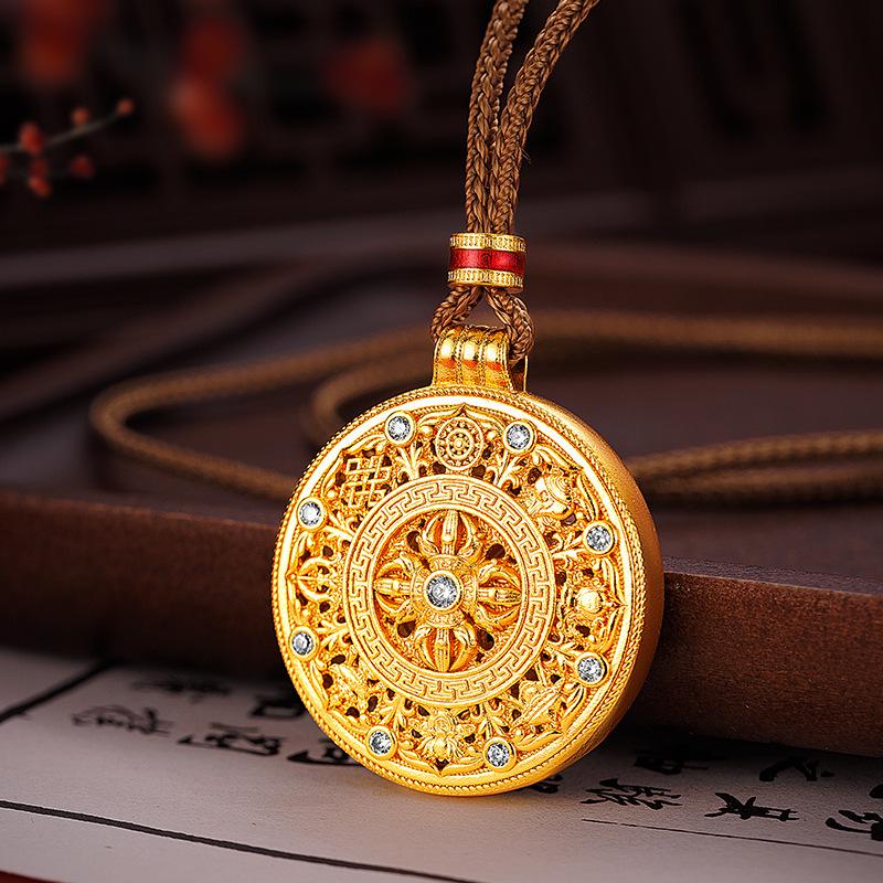 Gold Plated Eight Treasures Compass Pendant Necklace for Men and Women