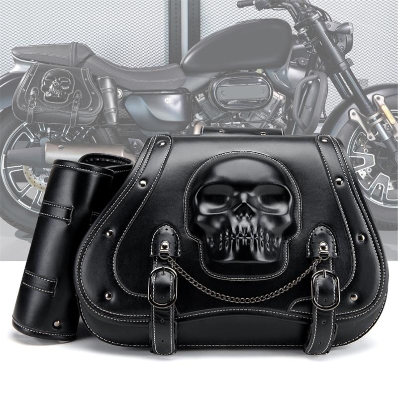 Large Capacity PU Leather Motorcycle Saddlebags Waterproof Side Bags Stylish Skull Designs Tool Storage Bag for Bike 