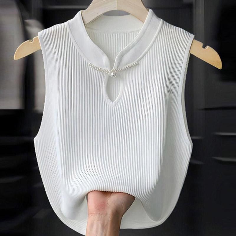 Tank Tops Women 2025 Summer Sleeveless Stand Collar Black White Knitted Tank Tops Camis Women Tops JJ195