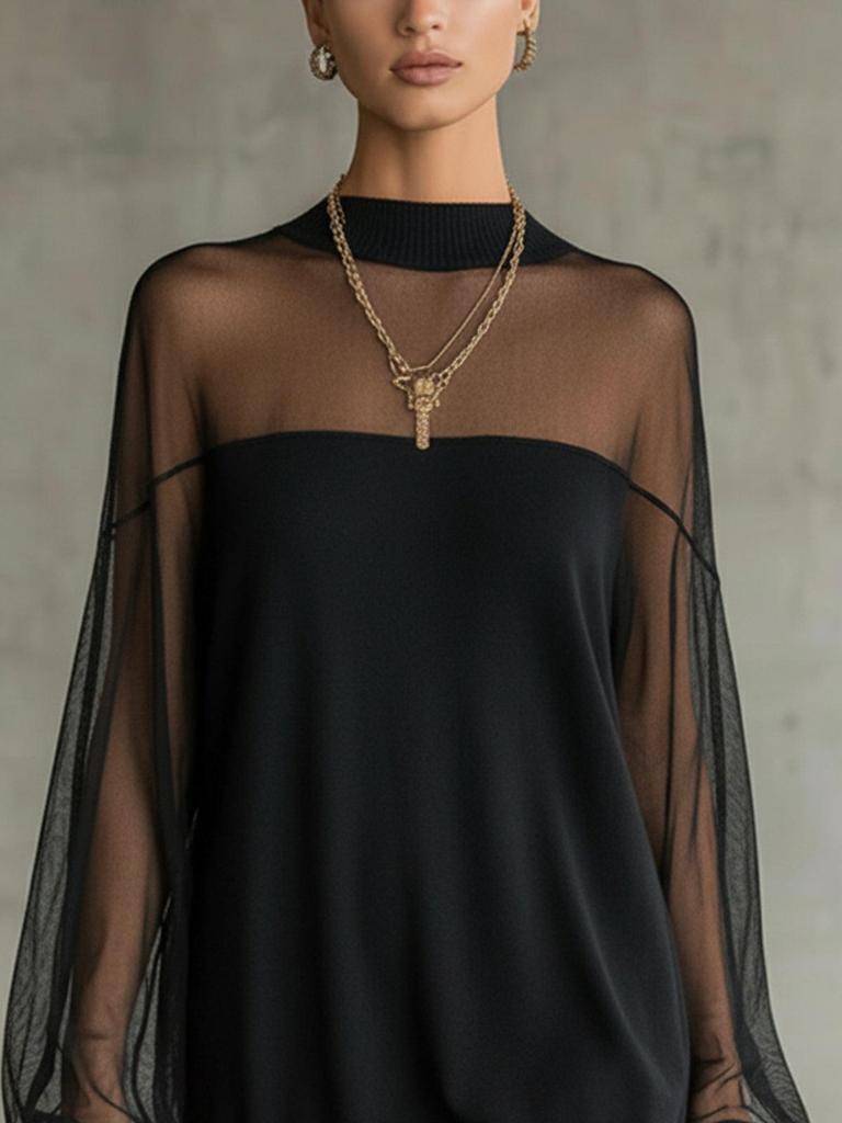 2026 European and American Spring Mesh Splicing Long Sleeve Mini Skirt