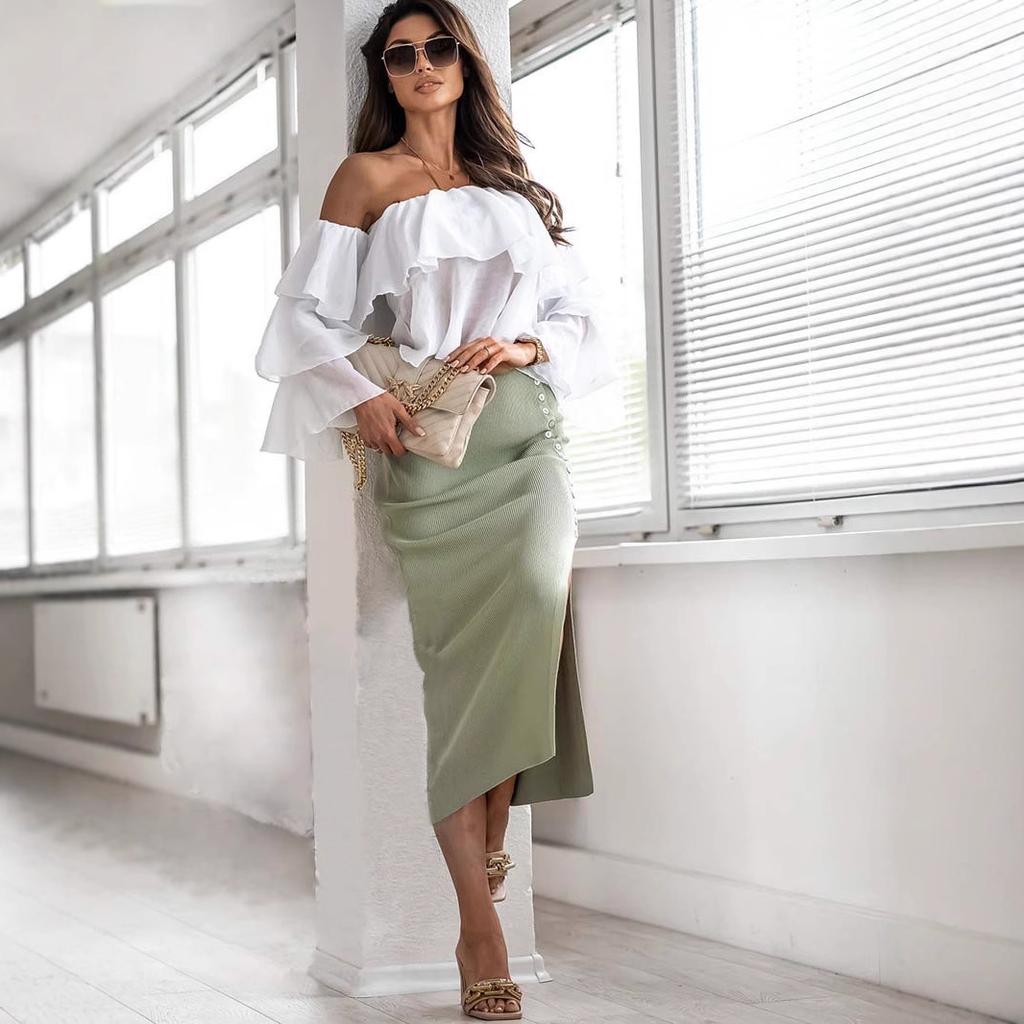 Summer New Slim and Sexy Professional Women's Clothing Ribbed Temperament Slit Button Half Skirt