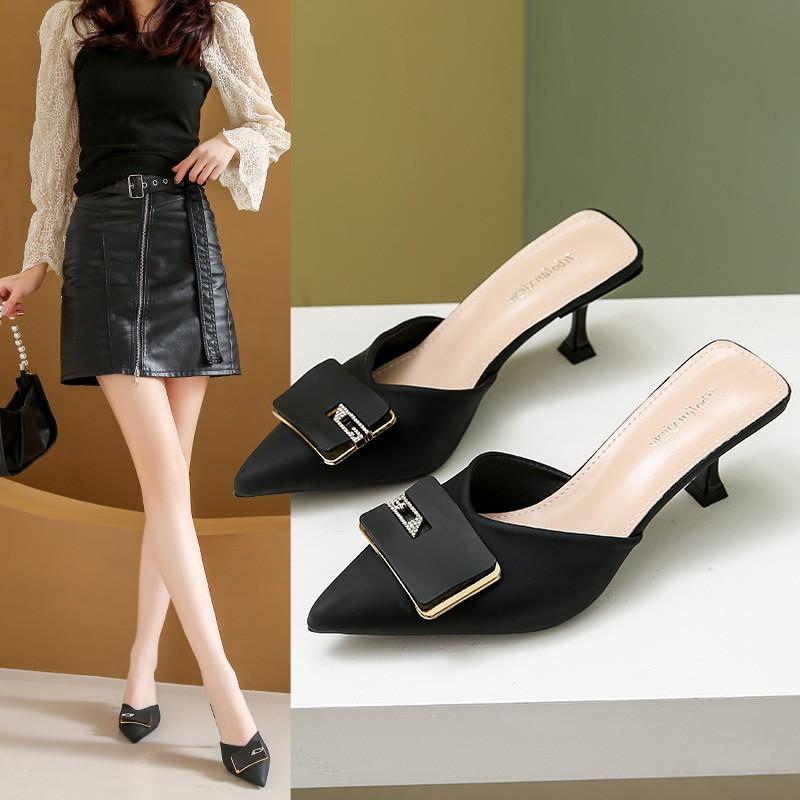 After Empty Bag Head Slippers 2025 New Pointed Head Thin Heel High Heel Half Slippers Women Wear Fashion Temperament Cool Slippers