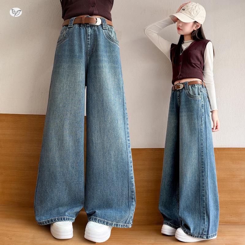 2026 Versatile Girls' Straight & Wide Leg Jeans with Patchwork for Middle & Big Kids