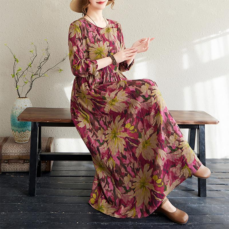 DIMANAF 2025 Women New Plus Size Spring Long Dress Long Sleeve Floral O-Neck Printing Loose Casual Vintage Maxi