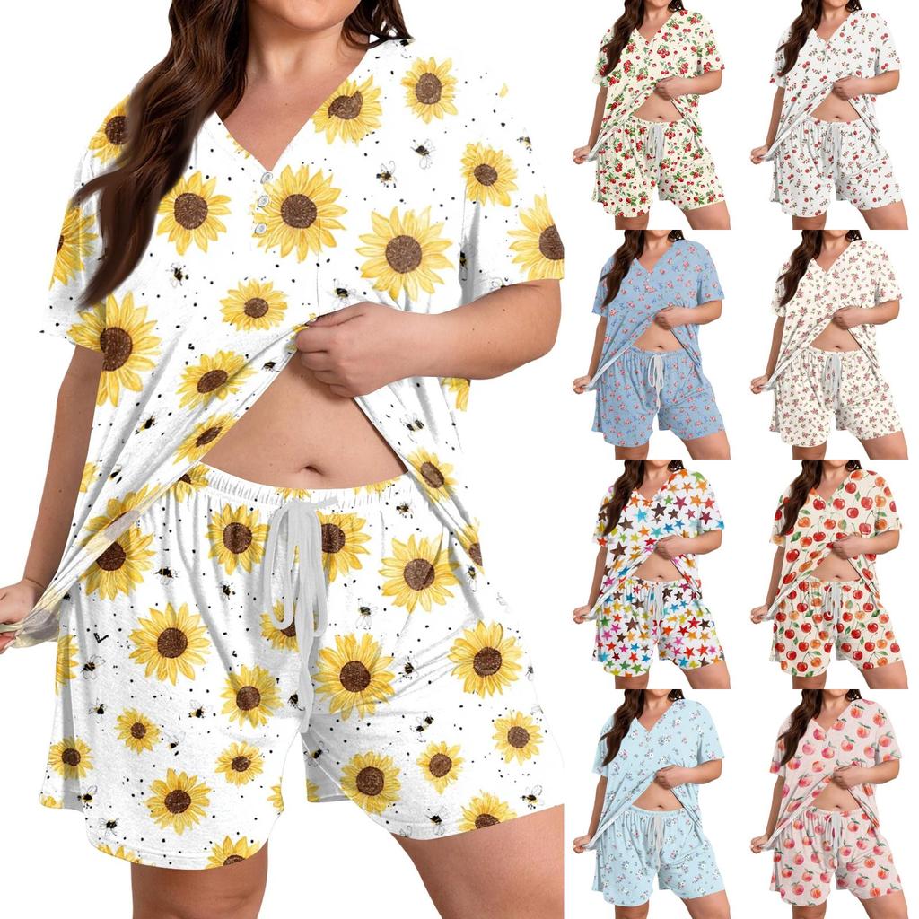 Women Casual Two Piece Set Short Sleeve V Neck Loose Fit Top with Elastic Waist Shorts Plus Size Printed Loungewear Sleepwear Set