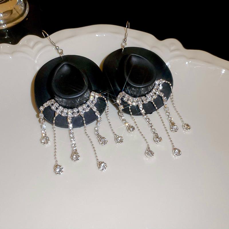 

Exaggerated Rhinestone Tassel Cowboy Hat Earrings for Women