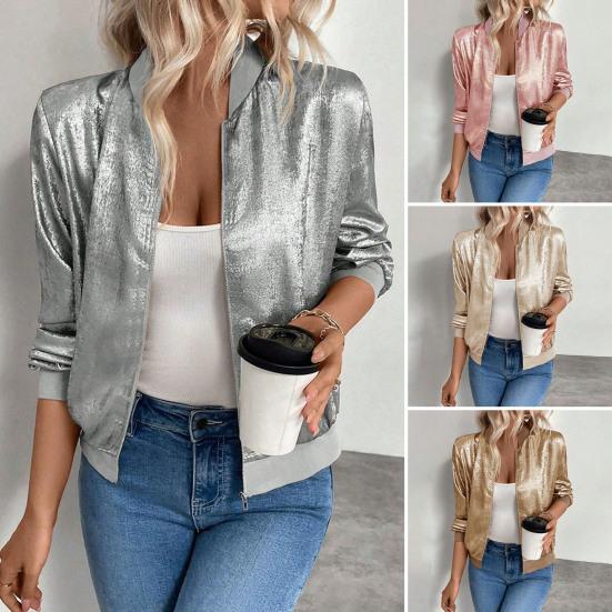 Women's Sequin Short Jackets Long Sleeve Shiny Cropped Coat Lightweight Zipper Metallic Jacket Glitter Party Disco Outfit