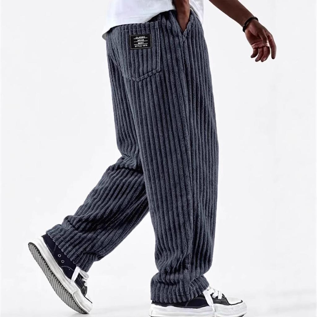 Wide-width Corduroy Patch Logo Pocket Casual Loose Straight-leg Pants for Men