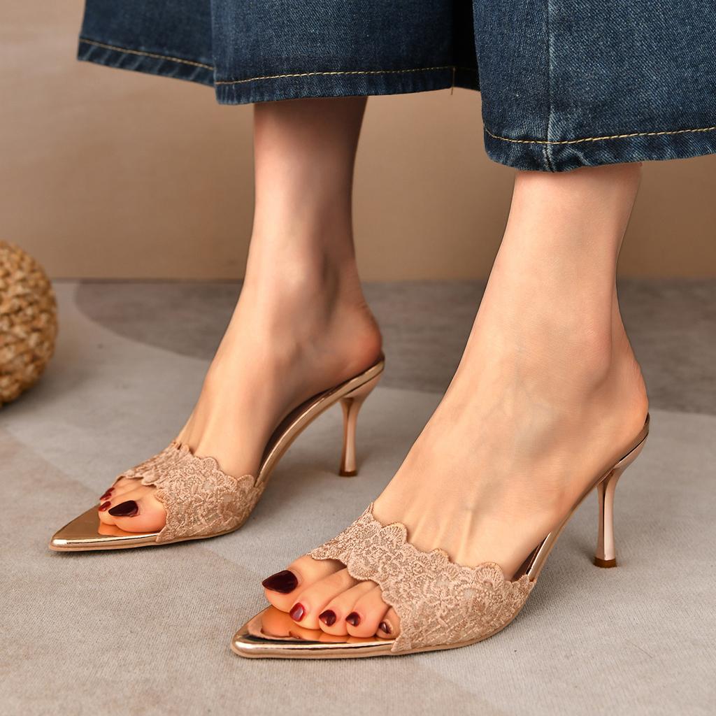 Champagne lace high-heeled slippers women's new versatile stiletto celebrity niche pointed one-word sandals summer