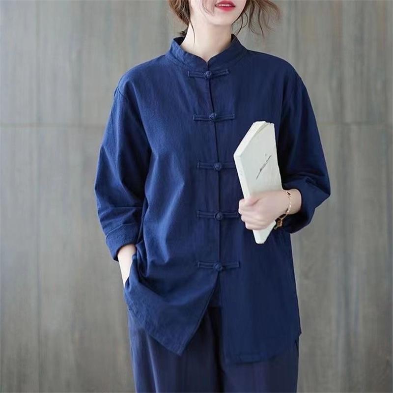 Damen Vintage Baumwolle Leinen Freizeithemden Chinesischer Stil Vintage Einfarbig Locker Damen Langarm Tops