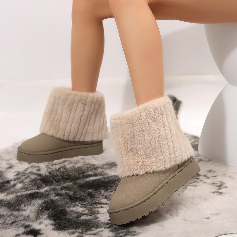 Cotton boots thick-soled round head flanged hairy trousers mid-tube women's boots autumn and winter new foreign trade large-size women's snow boots