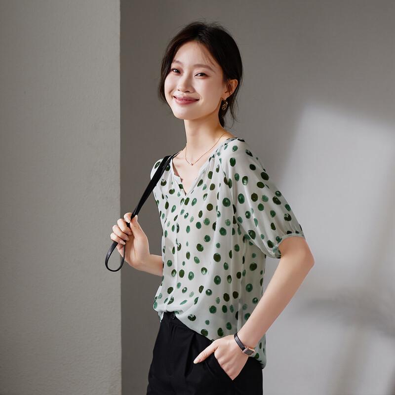 SOFSIL Women s 100% Silk Polka Dot V-Neck Short Sleeve Blouse L