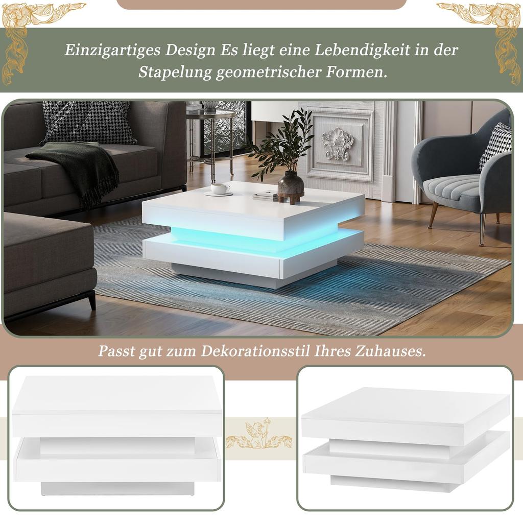 Coffee Table White High Gloss Modern Swivel Top, White 16-Color LED Lighting, Techno Style, Sofa Table, Coffee Table, 70x70x36cm