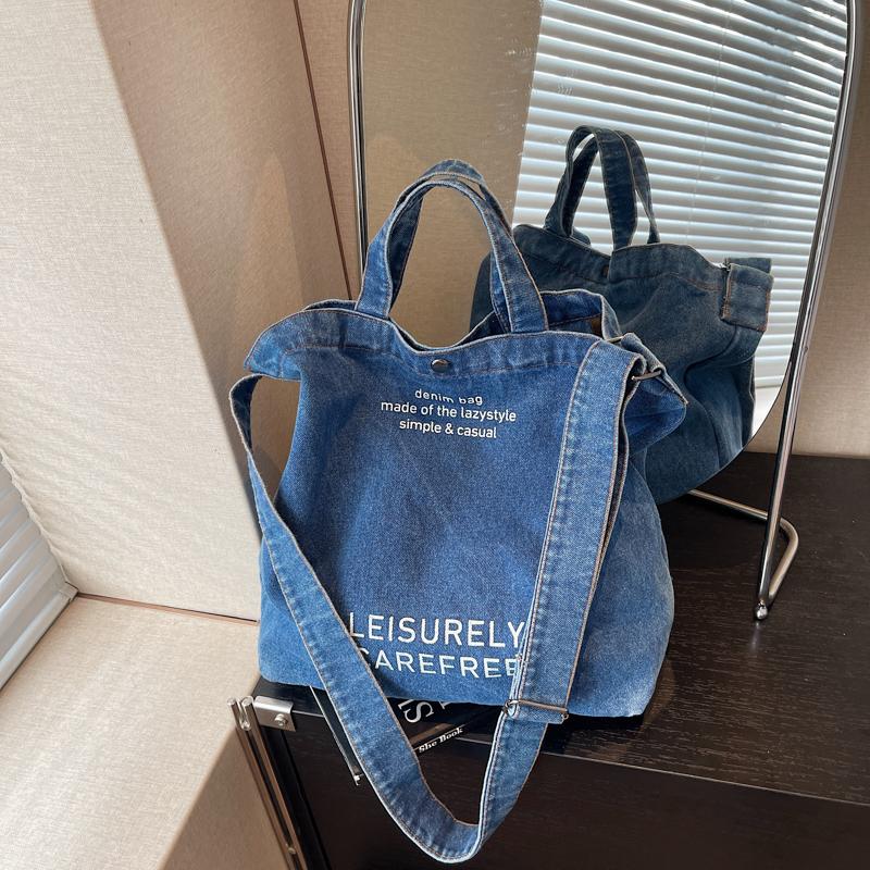 Large Capacity Retro Denim Bag Letter Print Shoulder Bag Women Crossbody Bag