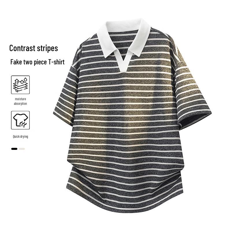 

MEDE Striped Retro V-Neck Polo T-Shirt 5XL