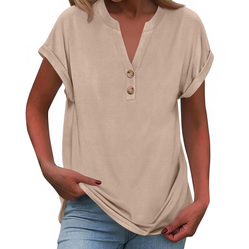 Women's Fashionable Casual Loose-Fit Short-Sleeved Button-Up V-Neck -Colour T-Shirt Top