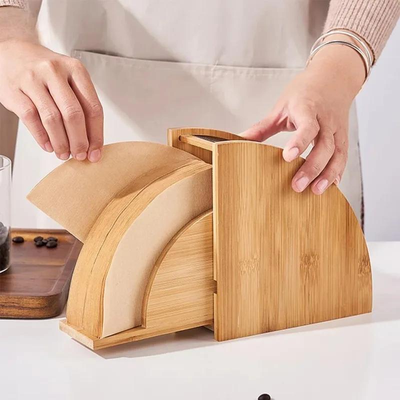 Leeseph Bamboo Coffee Filter Paper Storage Box, Coffee Filter Holder Paper Filter Storage Stand Dispenser, Coffee Accessories
