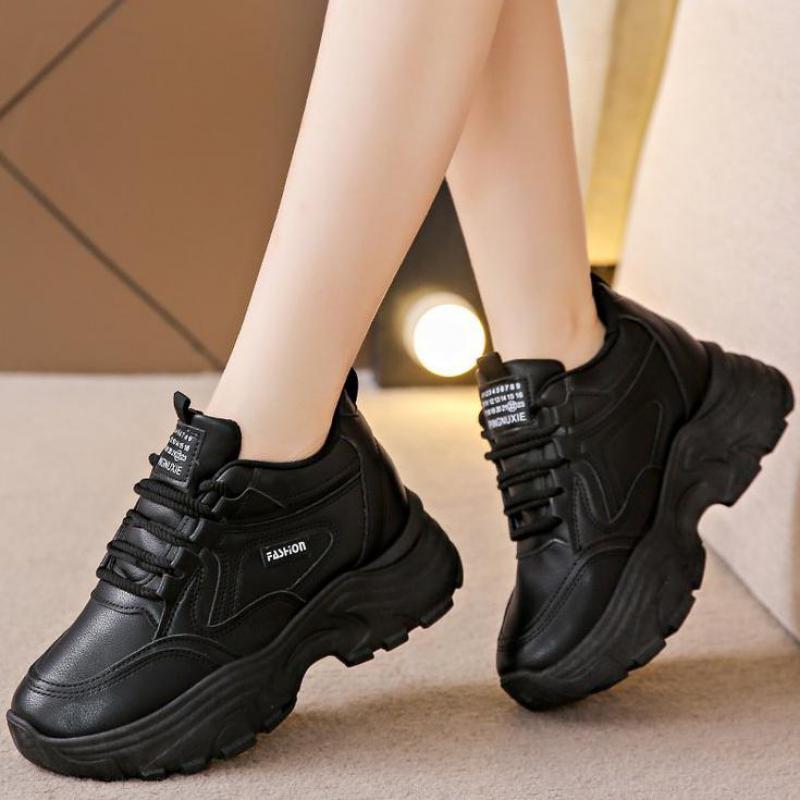 Fashion Black Leather Sneakers Platform Thick Sole Chunky Elevator Shoes Women Winter Autumn Fashion Outdoors Height Increasing Shoes