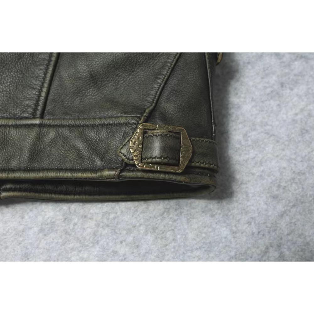 Chinese Size Vintage Olive Green Genuine Cowhide Men Leather Jacket Autumn Turn Down Collar Real Leather Coat