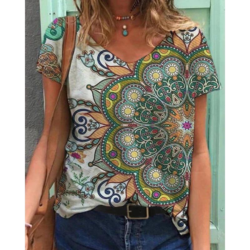 Summer V-neck 3D Retro Ethnic Style Printed Top Fashionable Casual Short Sleeved Women's T-shirts
