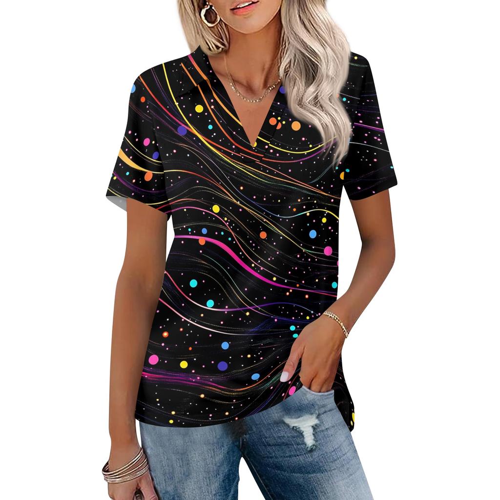 Women's Casual V Neck Short Sleeve Floral Print Polo Shirt Lightweight Summer Top with Collar for Daily Wear