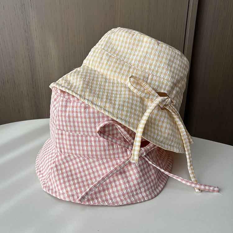 New ins small plaid bucket hat women's spring summer thin versatile bow basin hat breathable sunshade sunscreen hat