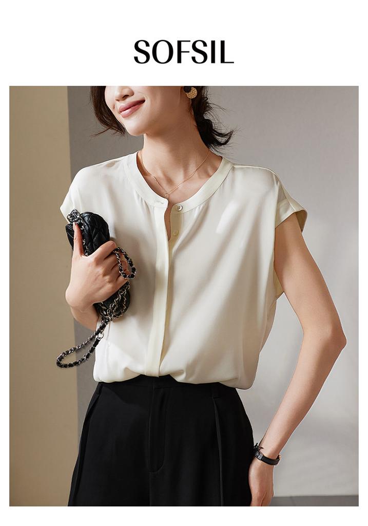 Minimalist Commuter Undercover Round Neck Mulberry Silk Shirt for Women