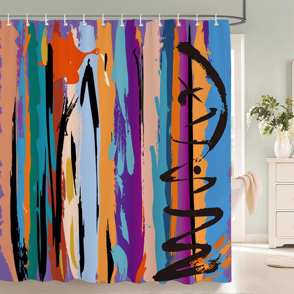 Geometric Stripe Printed Shower Curtain Color Art Polyester Fabric Shower Curtain Home Bathroom Decoration Curtain with Hooks
