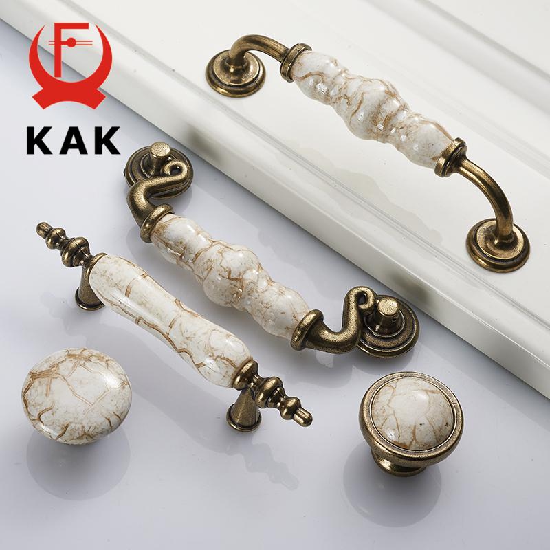 KAK Marble Lines Ceramic Cabinet Handles Zinc Alloy Drawer Knobs Wardrobe Door Handles Antique Bronze European Furniture Handle