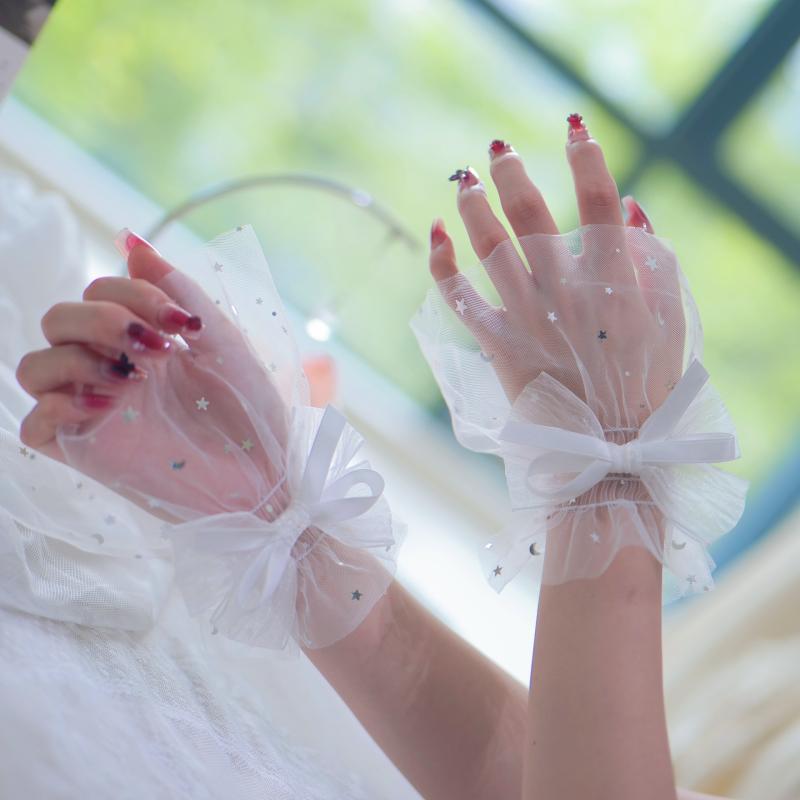 1 Pair Nail Art Tulle Photo Bow Glove Fake Pleated Cuff Manicure Photography Props Nail Tips Display Sleeve Fashion Accessories