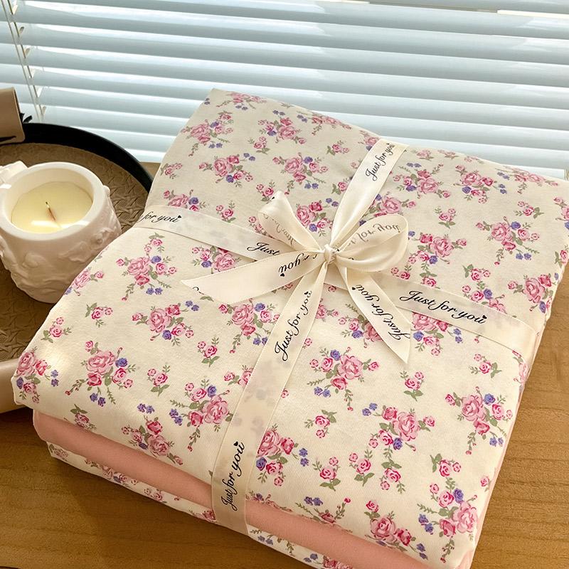 Ins Floral Print Bedding Set Knitted Cotton Flat Sheet Set Four Pieces Duvet Cover Double Layer-yarn 4Pcs Lovely Fitted Sheet