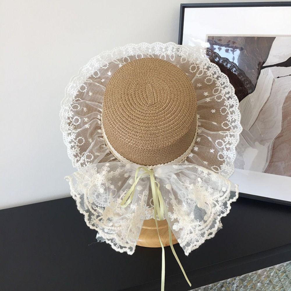 Bowknot Lace Bow Sun Hat Breathable Straw Lace Ruffle Wide Brim Hat Adjustable Sun Visor Hats Sun Protection