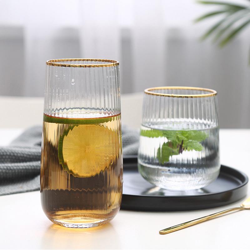 Japanese Gold Silm Vertical Grain Glass Cup 450/520MLHeat-Resistant Household Simple Cups for Cofffee Milk Juice Bar Drinkware