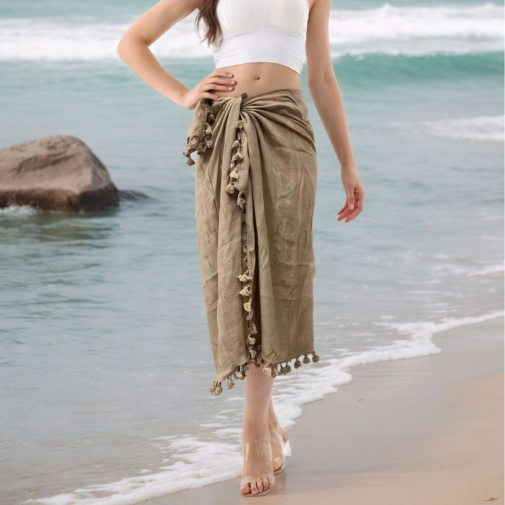 Women's One Piece Pareo Beach Wrap Skirt Flowy Tassel Maxi Skirt, Sarong Cover Up for Vacation 1014
