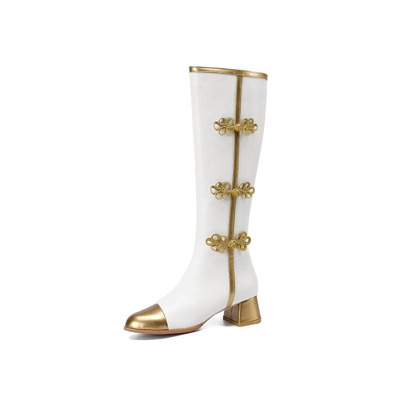 

Plus Size Ethnic Style Bow Color-Blocking Women s Knee-High Boots Tapered Thick Heel Breathable Lining Autumn New Long Tube Shoe 34 білий
