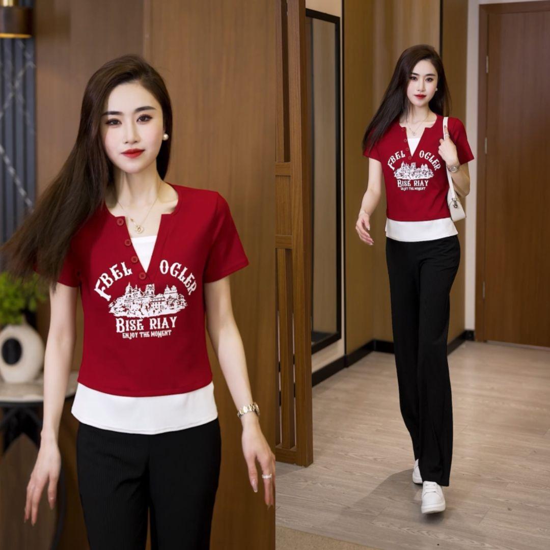 

Large size fashion V-neck fake two-piece short-sleeved printed T-shirt women s summer fat mm thin American retro design top 4XL червоний