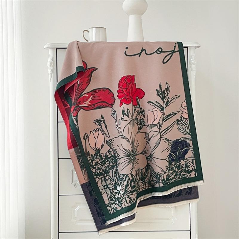 

Guochao s new imitation cashmere scarf, floral plain and elegant printing, literary contrasting colors, autumn and winter office shawl 190X65cm