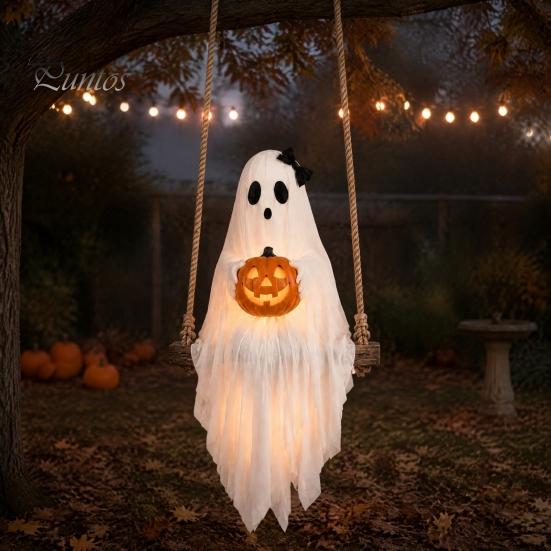Holiday Home Atmosphere Enhancers Halloween Lighted Ghost Swing with Glowing Pumpkin, Hanging Spooky Decor Decorative Props for Festivals Porch Yard,
