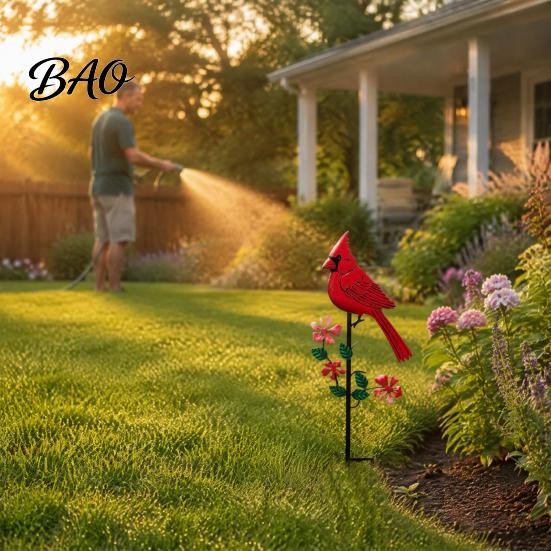 Metal Garden Stakes Red Bird Stake, Cardinals Yard Art 2D Weather Resistant Lawn Flat Flowers Decoration for Outdoor Flower Bed Pathway Nature