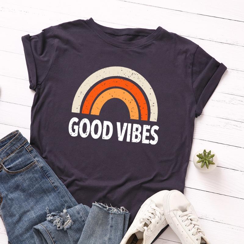 

Літні жіночі футболки з чистої бавовни з принтом веселки GOOD VIBES, вільні, з круглим вирізом, з коротким рукавом XL темно-синього кольору