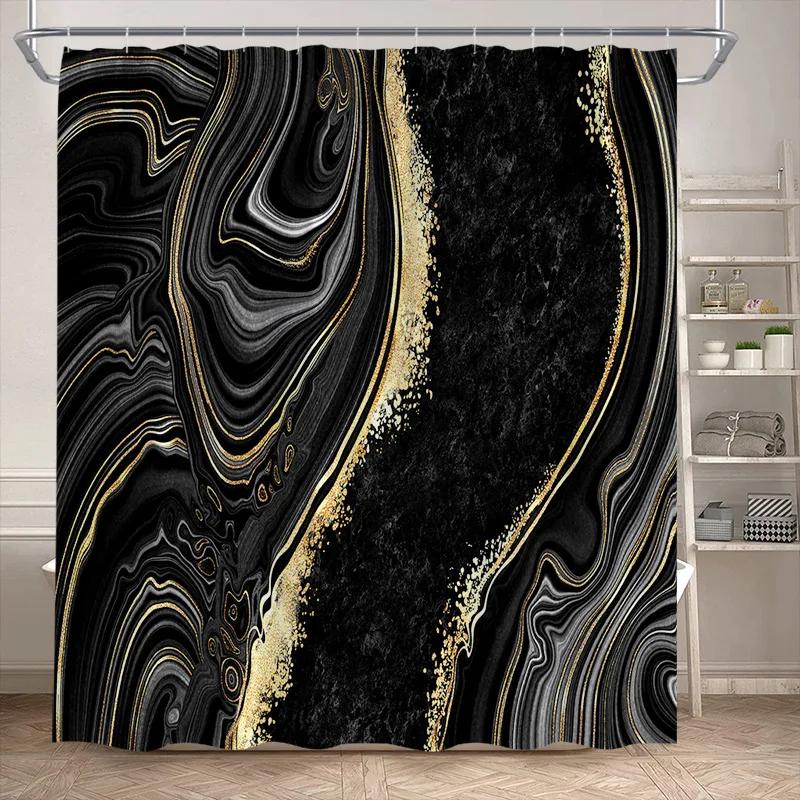 Abstract Marble Shower Curtains Black Green Textured Gold Crackle Modern Geometric Pattern Bathroom Curtain Decor Set with Hooks