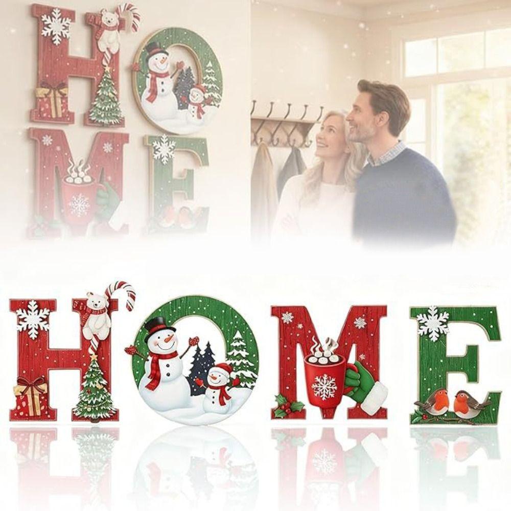 4 Pcs Self Adhesive Home Letter Decor Wooden Wall Decor Cartoon Christmas Wall Decoration Porch